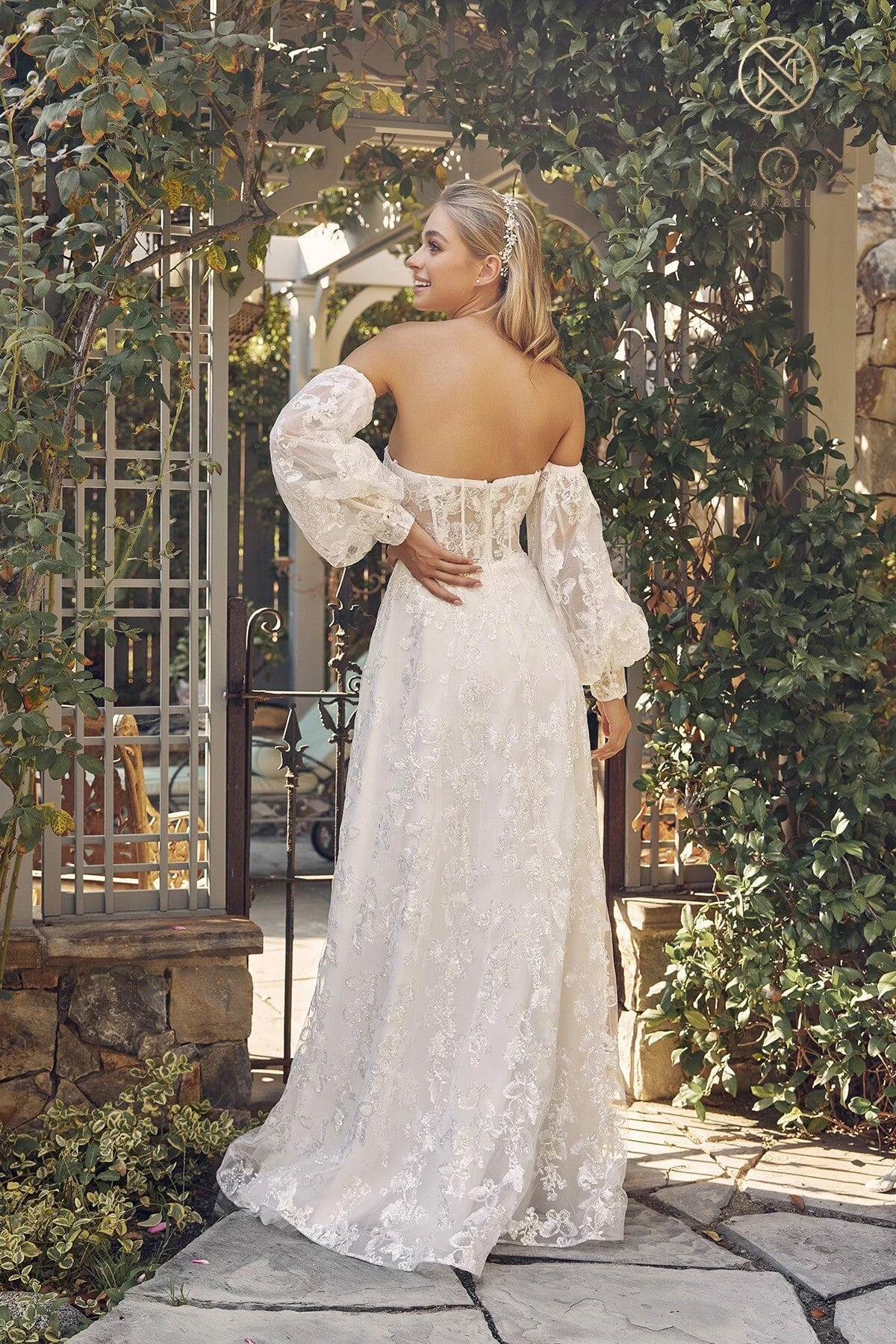 White Glitter Print Puff Sleeve Gown By Nox Anabel K1155W 4 White Glitter Print Puff Sleeve Gown By Nox Anabel K1155W - Image 2