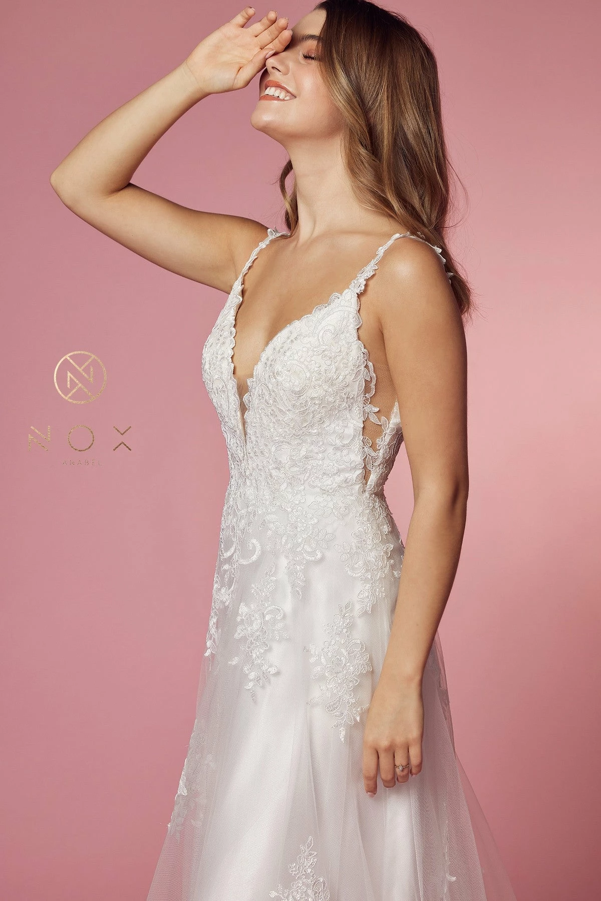 White Lace Applique V-Neck Gown By Nox Anabel C461 7 White Lace Applique V-Neck Gown By Nox Anabel C461 - Image 5