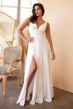 White Long Satin V-Neck Dress By Cinderella Divine 7469W -Dresses Shop white long satin v neck dress by cinderella divine 7469w long formal dresses cinderella divine 175293
