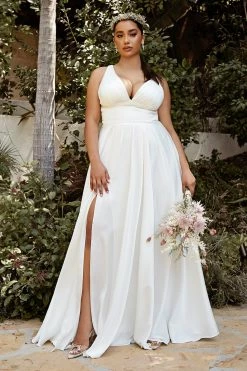 White Long Satin V-Neck Dress By Cinderella Divine 7469W -Dresses Shop white long satin v neck dress by cinderella divine 7469w long formal dresses cinderella divine 18 off white 640701