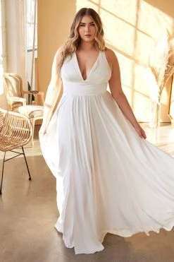 White Long Satin V-Neck Dress By Cinderella Divine 7469W -Dresses Shop white long satin v neck dress by cinderella divine 7469w long formal dresses cinderella divine 18 off white 677601