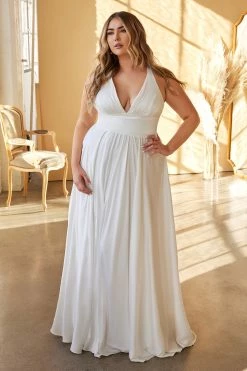 White Long Satin V-Neck Dress By Cinderella Divine 7469W -Dresses Shop white long satin v neck dress by cinderella divine 7469w long formal dresses cinderella divine 332487