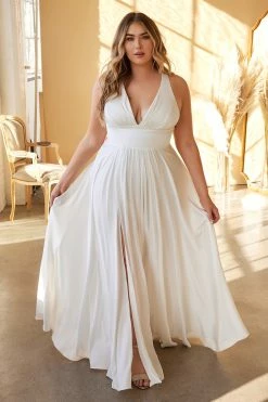 White Long Satin V-Neck Dress By Cinderella Divine 7469W -Dresses Shop white long satin v neck dress by cinderella divine 7469w long formal dresses cinderella divine 676822