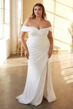 White Off Shoulder Jersey Gown By Cinderella Divine CD930 -Dresses Shop white off shoulder jersey gown by cinderella divine cd930 long formal dresses cinderella divine 560437