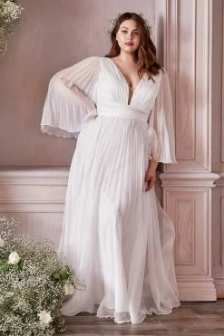 White Pleated Bell Sleeve Gown By Cinderella Divine CD242W -Dresses Shop white pleated bell sleeve gown by cinderella divine cd242w long formal dresses cinderella divine 18 off white 557555