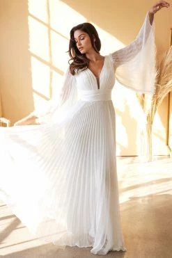 White Pleated Bell Sleeve Gown By Cinderella Divine CD242W -Dresses Shop white pleated bell sleeve gown by cinderella divine cd242w long formal dresses cinderella divine 462182