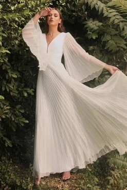 White Pleated Bell Sleeve Gown By Cinderella Divine CD242W -Dresses Shop white pleated bell sleeve gown by cinderella divine cd242w long formal dresses cinderella divine 499414