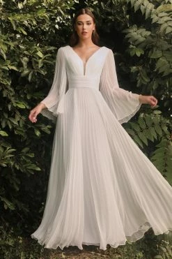 White Pleated Bell Sleeve Gown By Cinderella Divine CD242W -Dresses Shop white pleated bell sleeve gown by cinderella divine cd242w long formal dresses cinderella divine 6 off white 664119