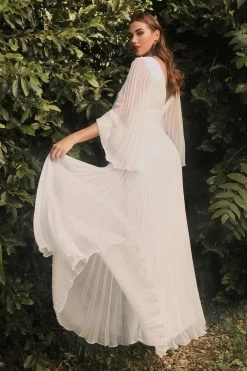 White Pleated Bell Sleeve Gown By Cinderella Divine CD242W -Dresses Shop white pleated bell sleeve gown by cinderella divine cd242w long formal dresses cinderella divine 657635